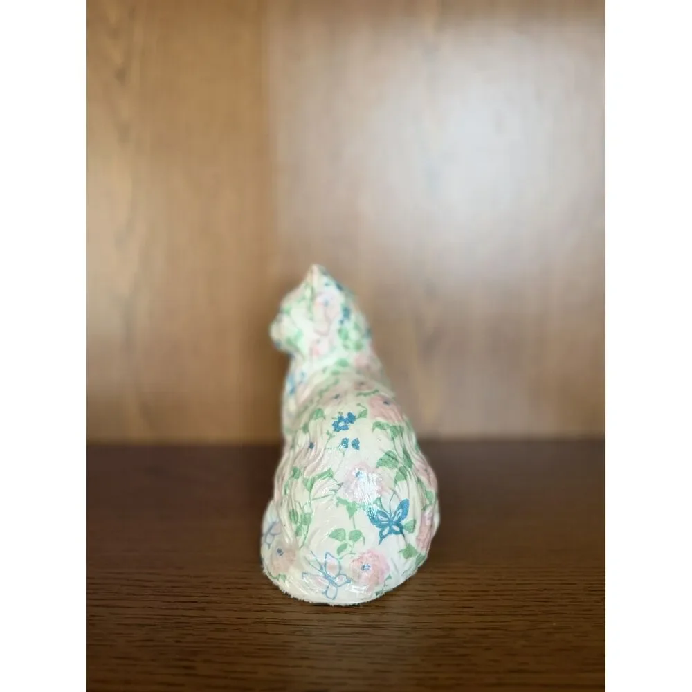 Vintage Floral Chintz Ceramic Cat Figurine Retro Kitsch Calico Kitty